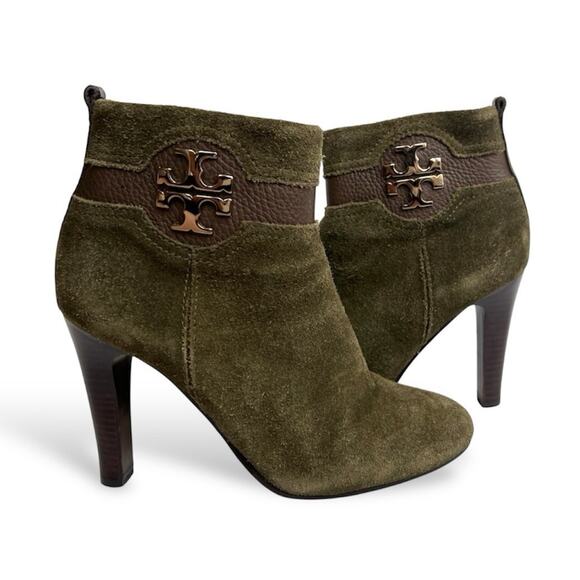 Tory Burch Alaina Green Suede Leather Heeled Booties size 6M - Picture 1 of 12